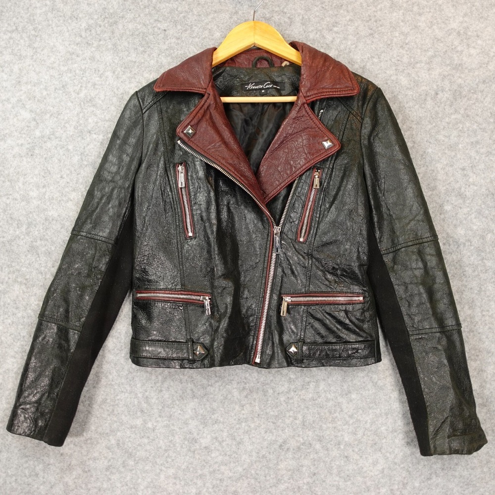 Cropped Leather Moto Jacket Womens M KENNETH‎ COLE Black Burgundy Trim Biker Y2K